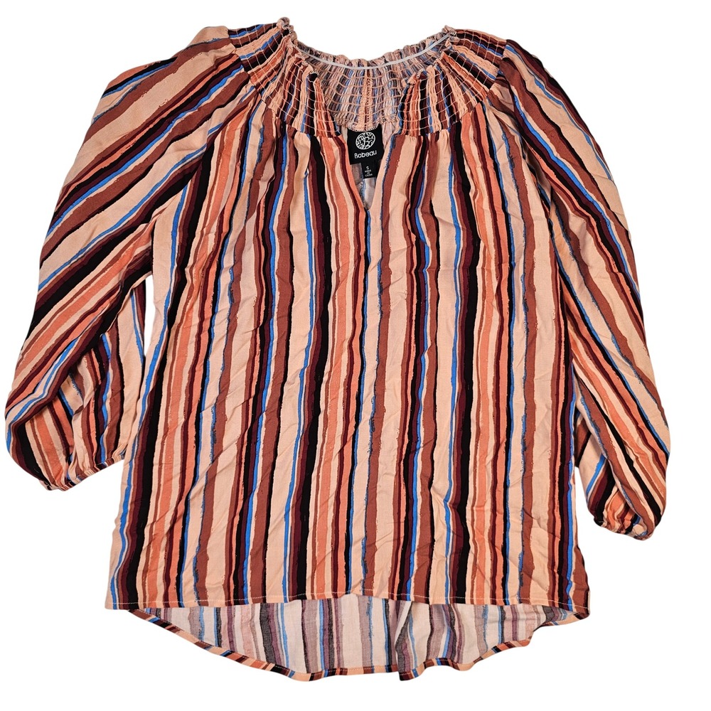 Bobeau Smocked Neck Striped Blouse Orange Blue Brown Size S